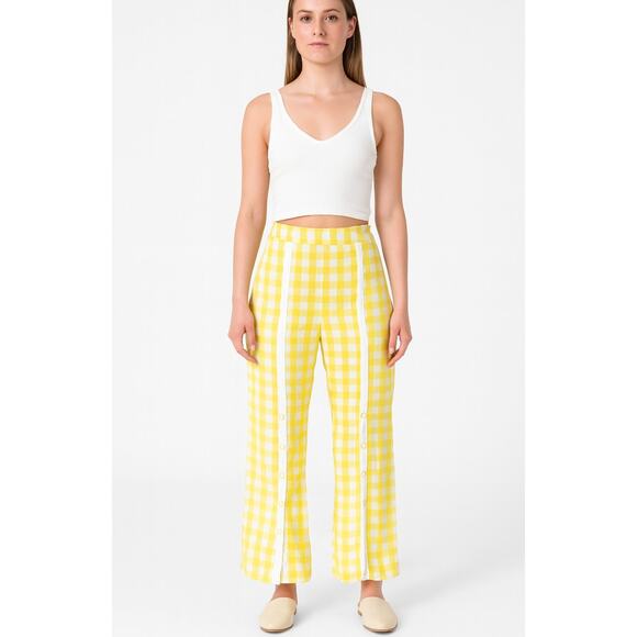 Jonathan Simkhai Yellow Gingham Snap Wide-Leg Trousers Pants XS 32" Statement - Picture 1 of 6